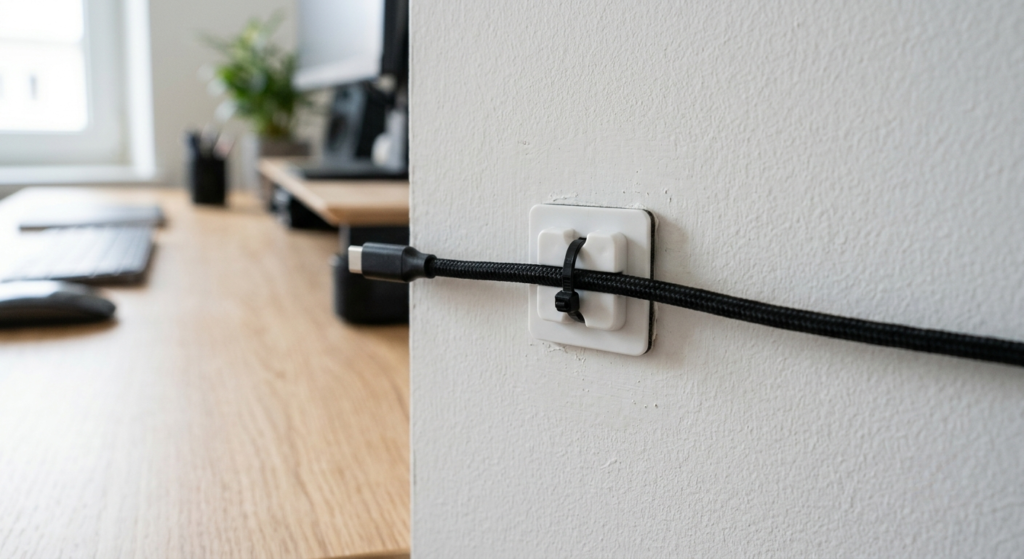 Best adhesive cable bases for a home office — zip tie mount holding a braided cable against a wall outlet