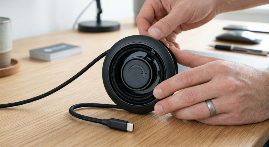Best cable winders for a home office — spring-loaded winder coiling a charging cable