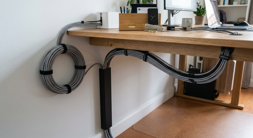 Braided cable sleeves routing cords along a desk in a home office